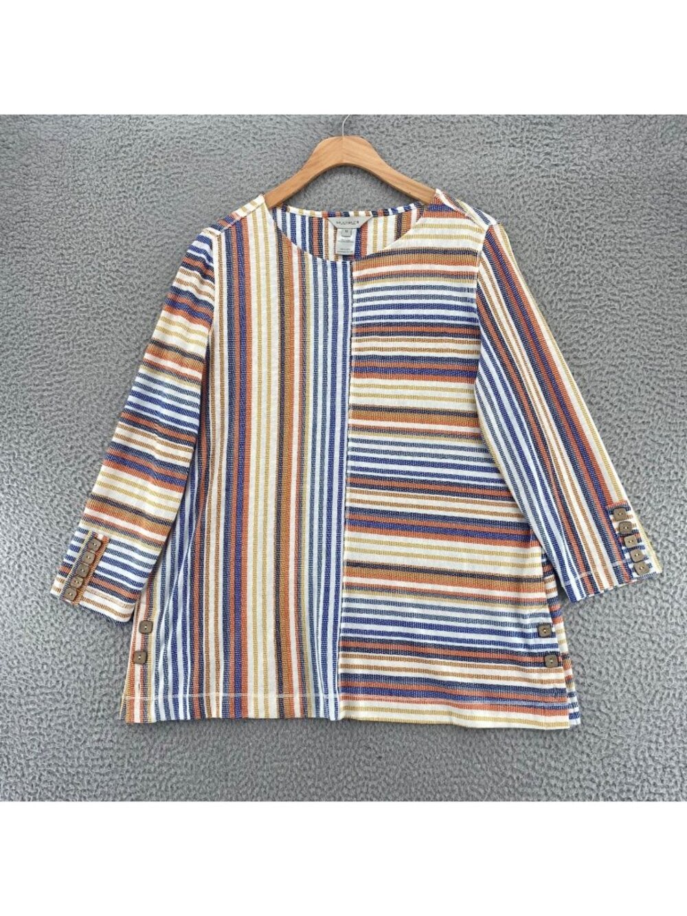 Multiples Top Womens Medium Navy Orange Striped Tee Button 3/4 Sleeve Stretch